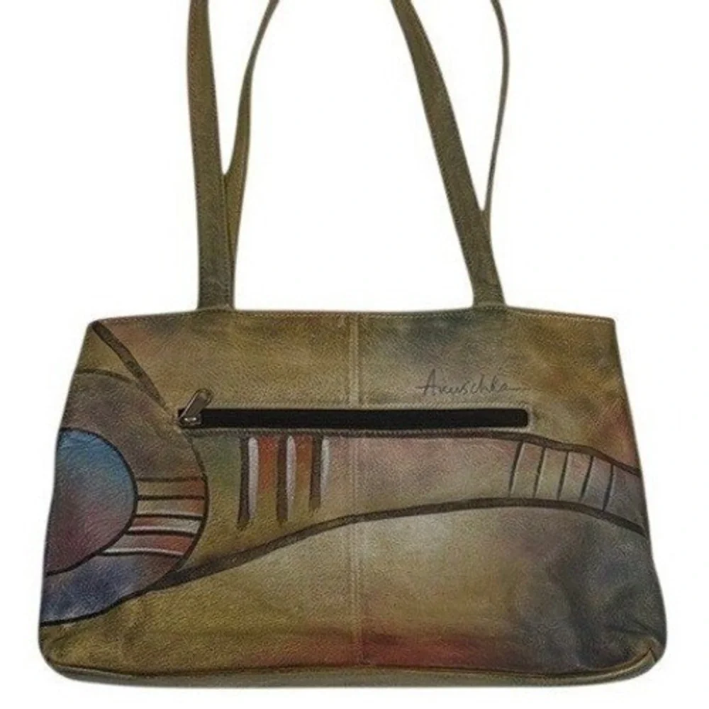 Anuschka Hand Painted Leather Shoulder Bag‎ Abstract Geometric Multicolor Tote